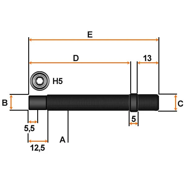Konverteringsbolt, M12x1,5, 75 mm.